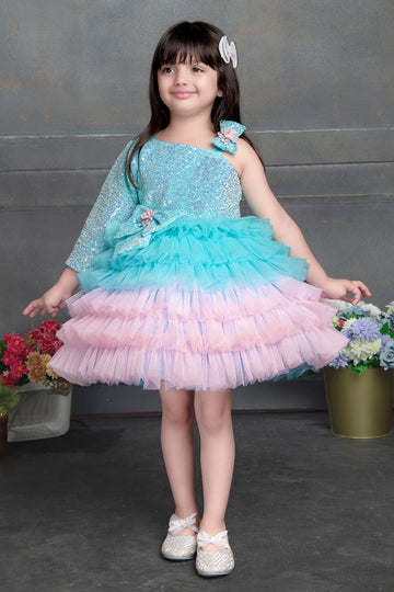 Aqua and lavender ombre ruffle one-shoulder sequin party gown for girls