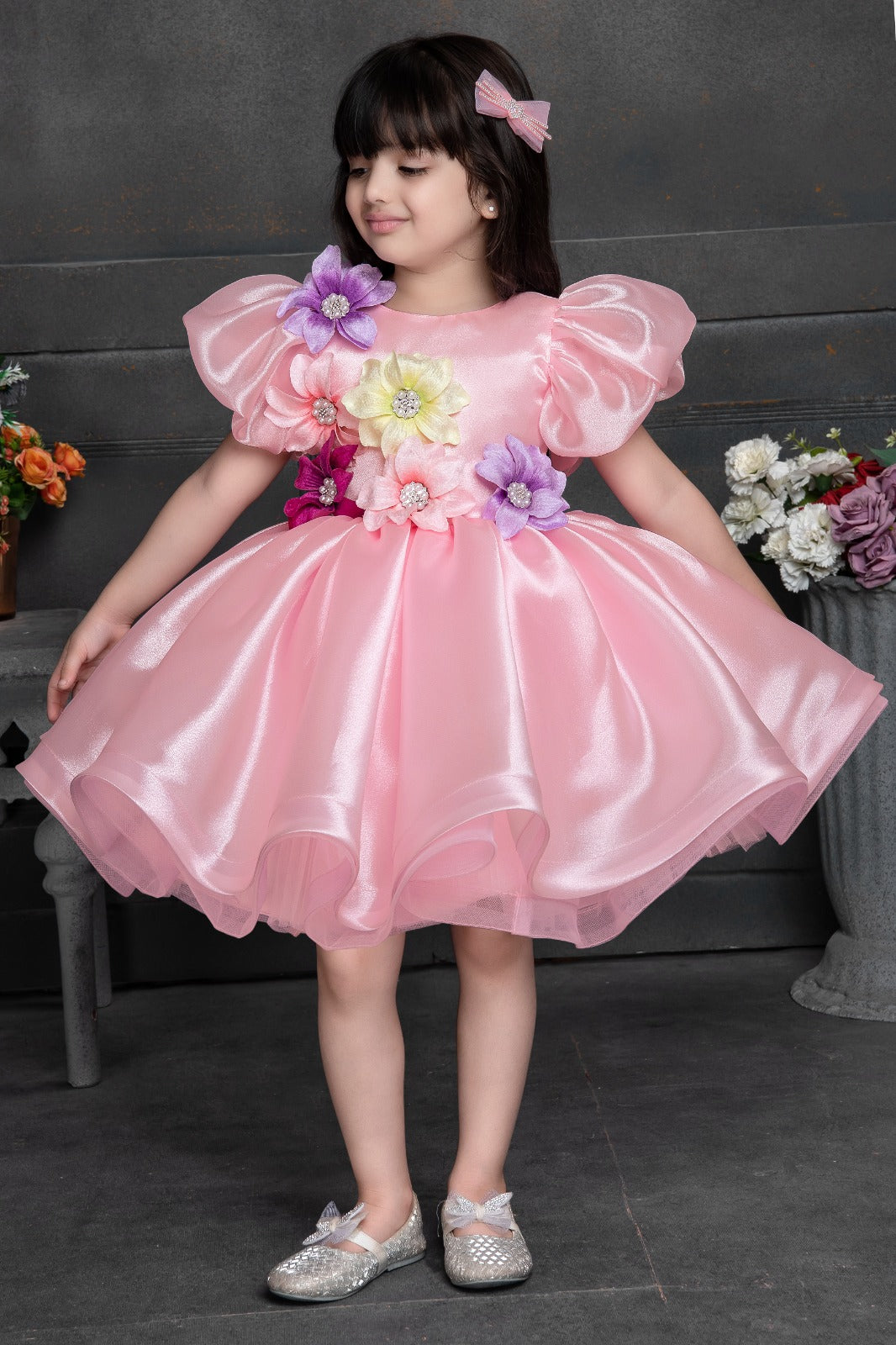 Blush Pink Satin Party Dress with 3D Floral Applique - Inayah Fashion
