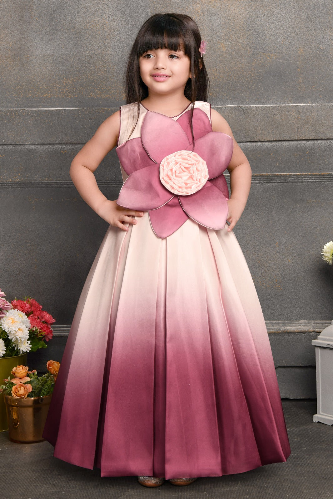 Ombre Pink Satin Long Gown with Giant 3D Flower for Girls - Inayah Fashion