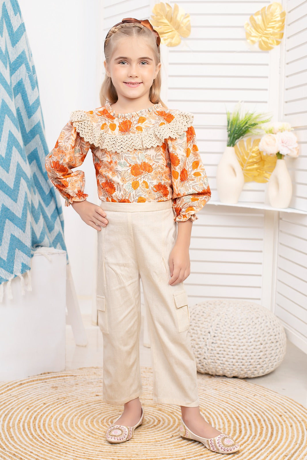 Sunny Blossom Ensemble for Girls - Peach and Beige Delight - Inayah Fashion