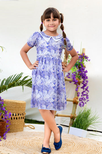 Blue floral cotton frock for girls with collar and short sleeves