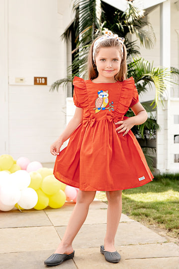 Rust orange frock for girls with owl embroidery and frill sleeves