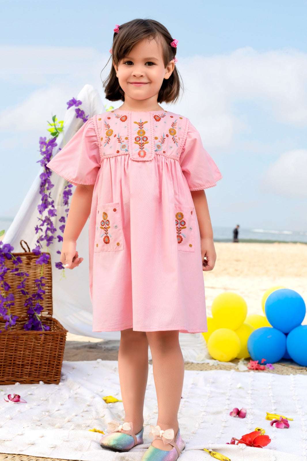 Sunny Blossom embroidered toddler frock for girls with floral detailing