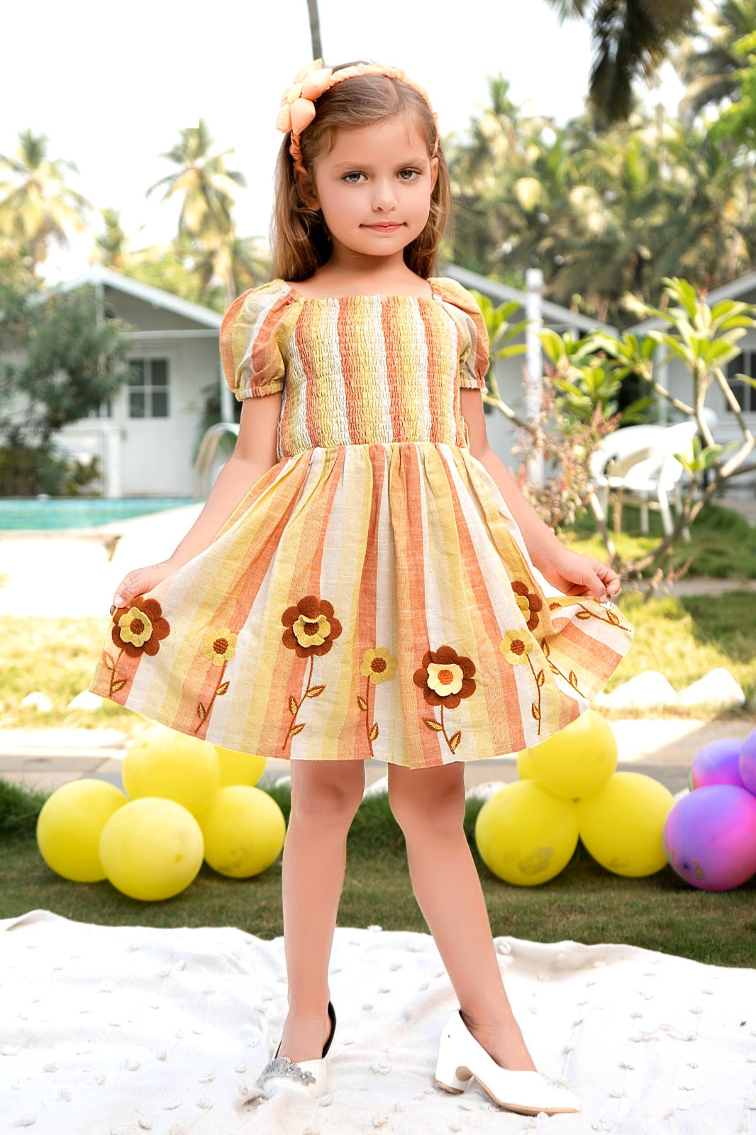Orange striped cotton frock for girls with floral embroidery