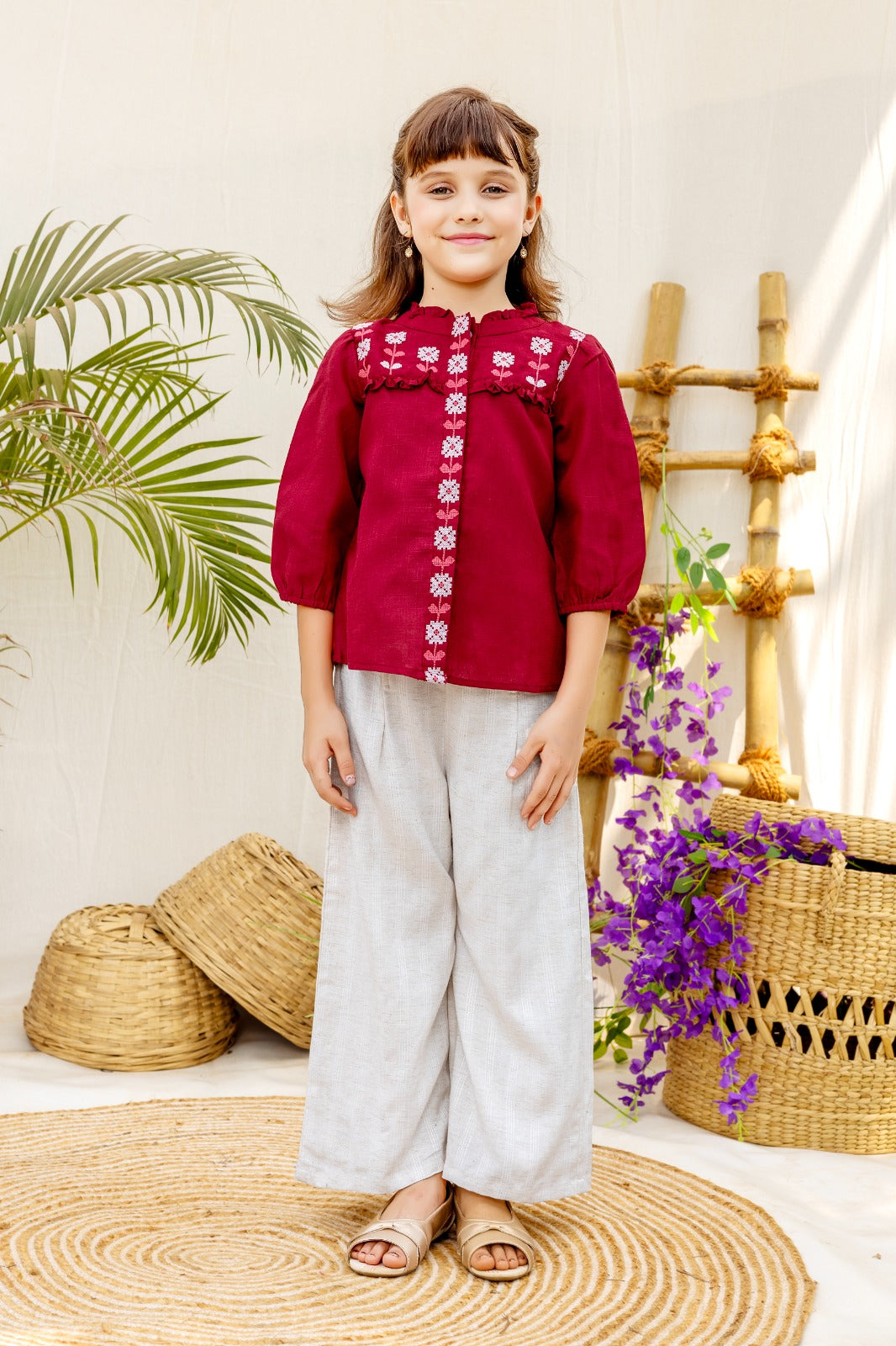 Sunset Blush Embroidered Elegance: Kids' Traditional Chic Top in Radiant Maroon - Inayah Fashion