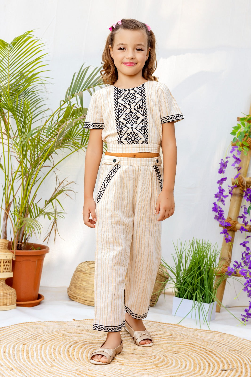 Sun-Kissed Elegance: Beige and Black Embroidered Summer Ensemble for Girls - Inayah Fashion