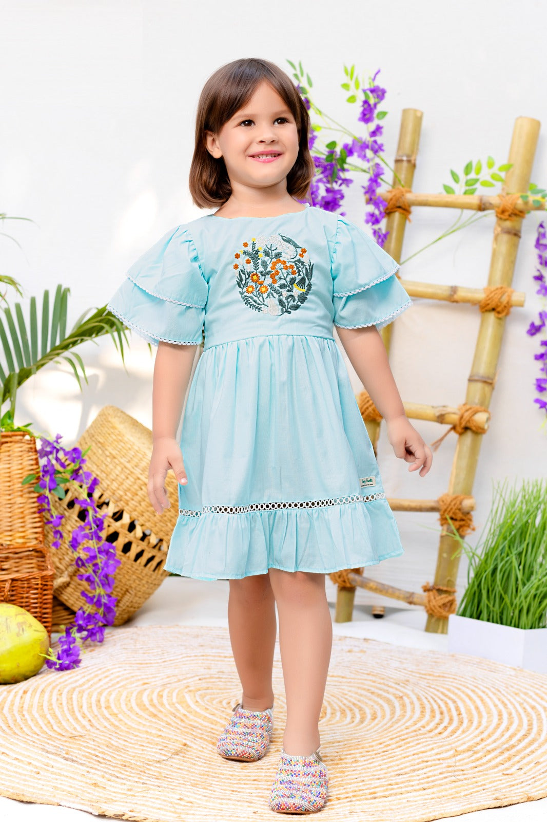 Sunny Seaside Flutter Dress with Whimsical Bird Embroidery - Inayah Fashion
