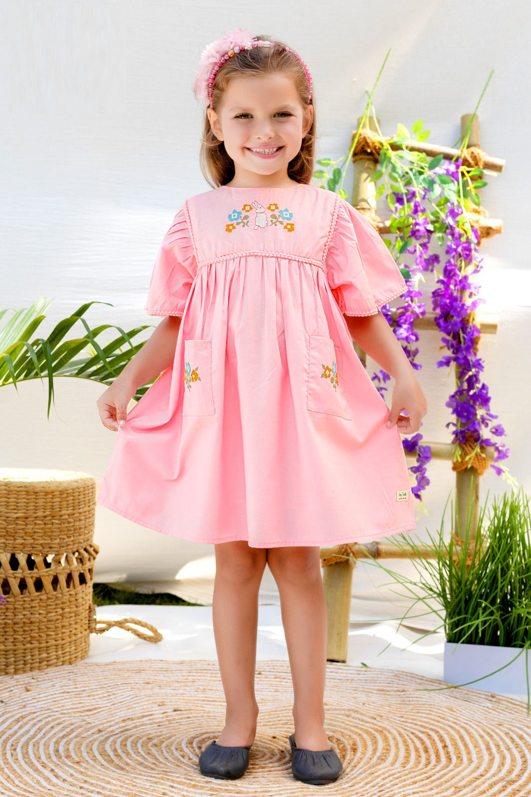Sunny Blossom embroidered cotton frock for girls with floral detailing