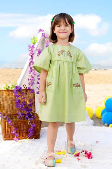 Sunny Seashore embroidered cotton frock for girls with floral detailing