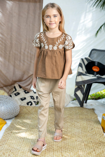 Beige Blossom Embroidered Outfit for Kids - Inayah Fashion