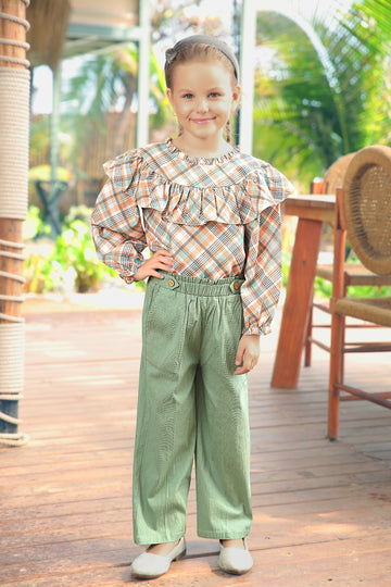 Sun-Kissed Elegance Vintage Checkered Top and Meadow Green Corduroy Pants Set - Inayah Fashion