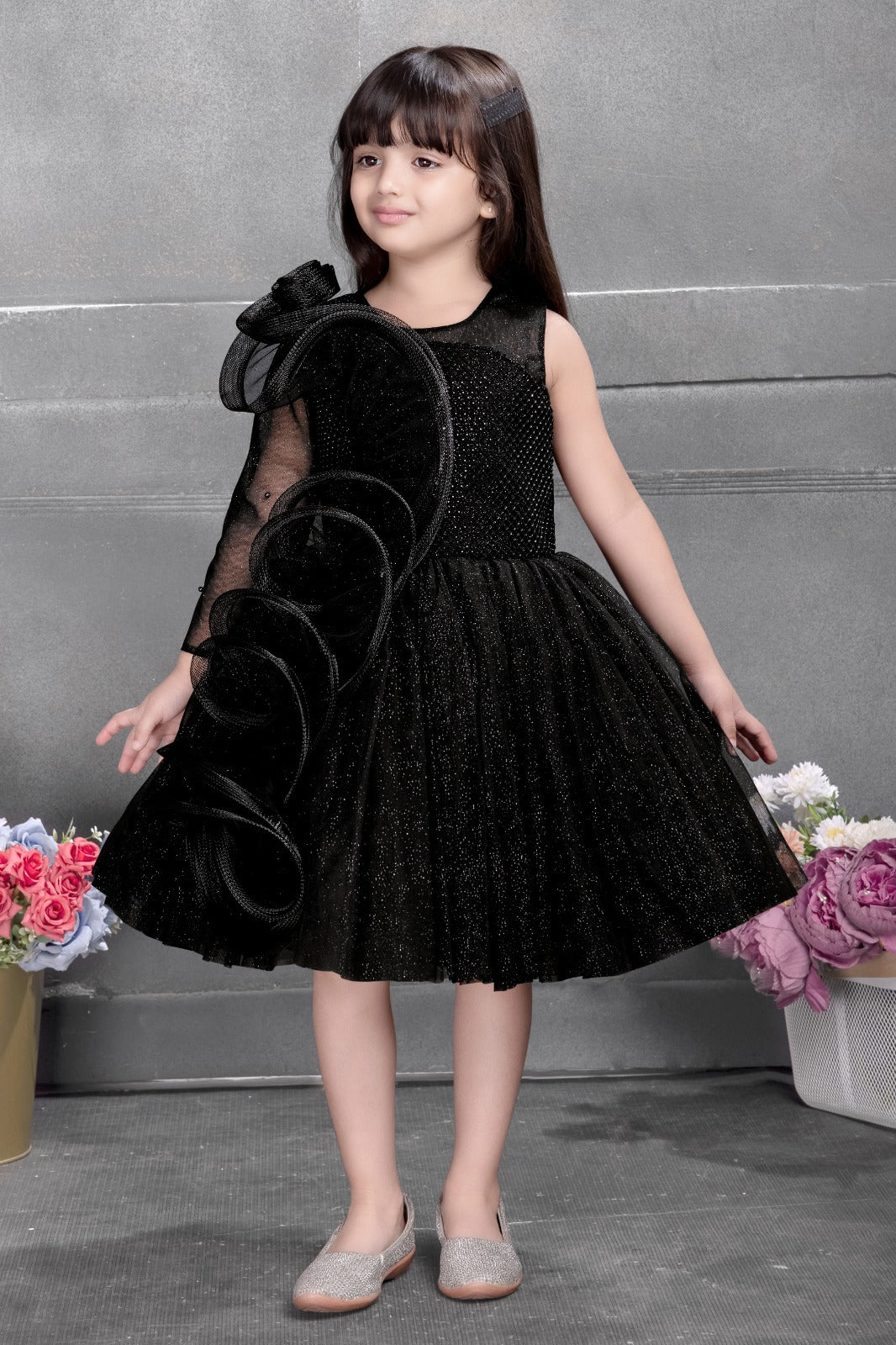 Sparkling Black One-Shoulder Ruffle Party Dress for Girls - Inayah Fashion