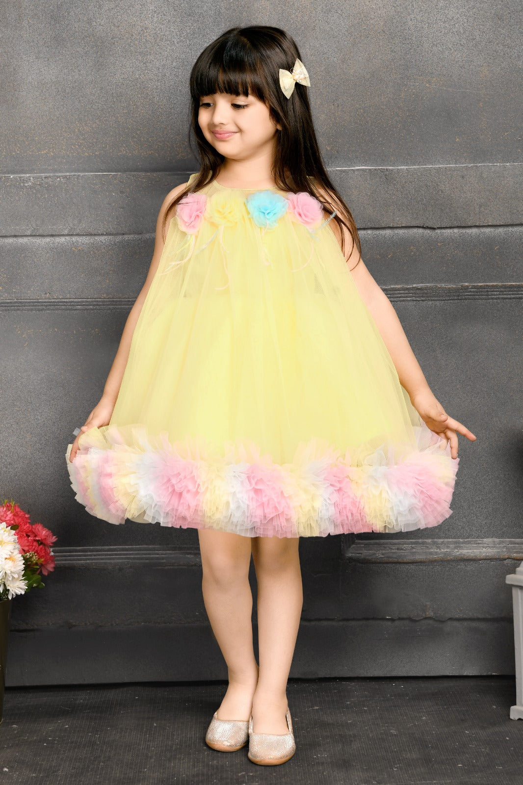 Pastel Yellow Tulle Dress with Floral Accents for Girls - Inayah Fashion