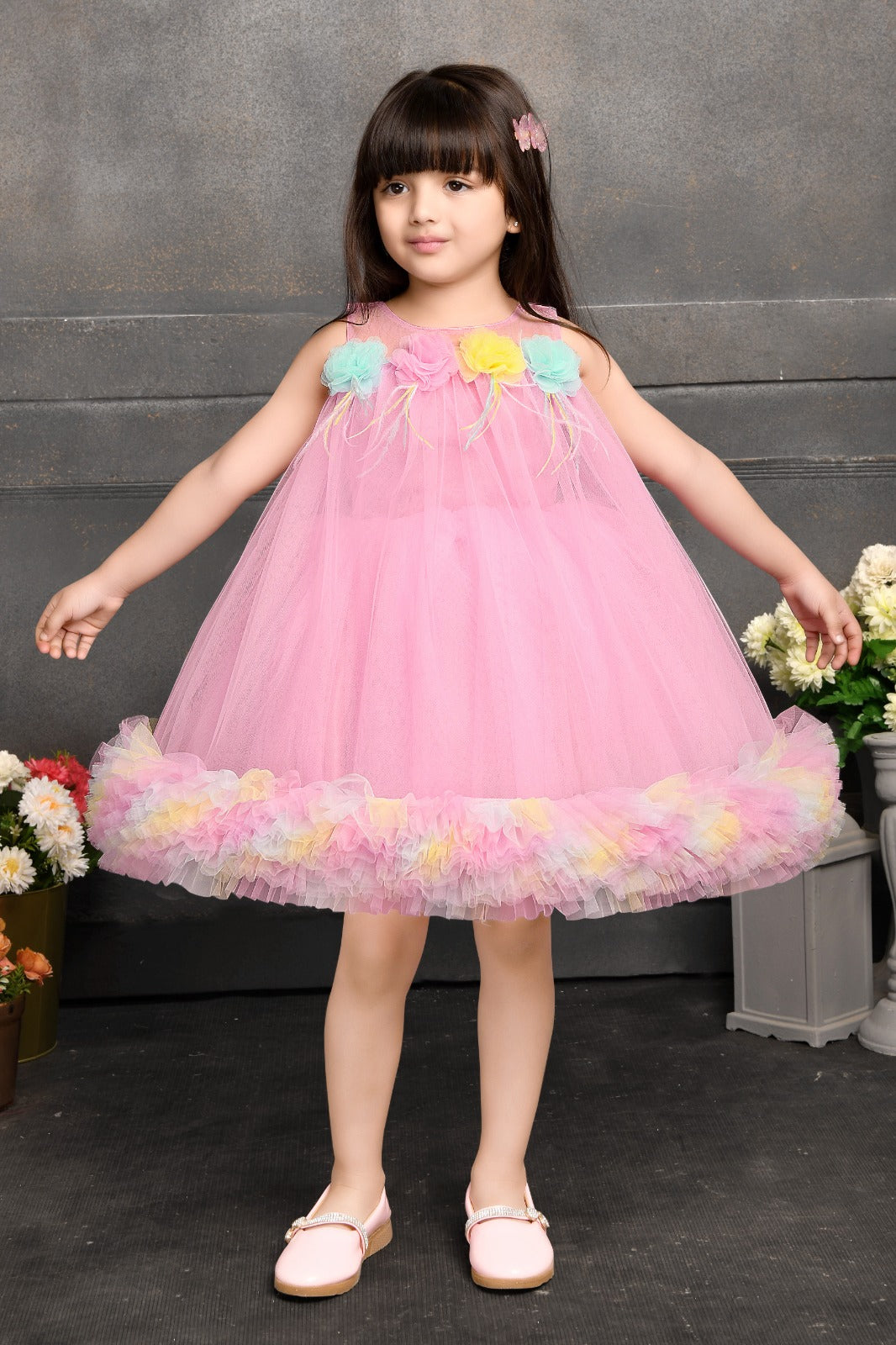 Pastel Petal Fantasy – Pink Tulle Frock with Floral Neckline and Rainbow Ruffles - Inayah Fashion