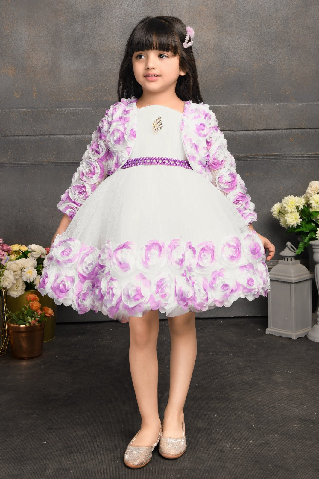 White Floral Embellished Party Dress with Lavender Jacket for Girls - Inayah Fashion