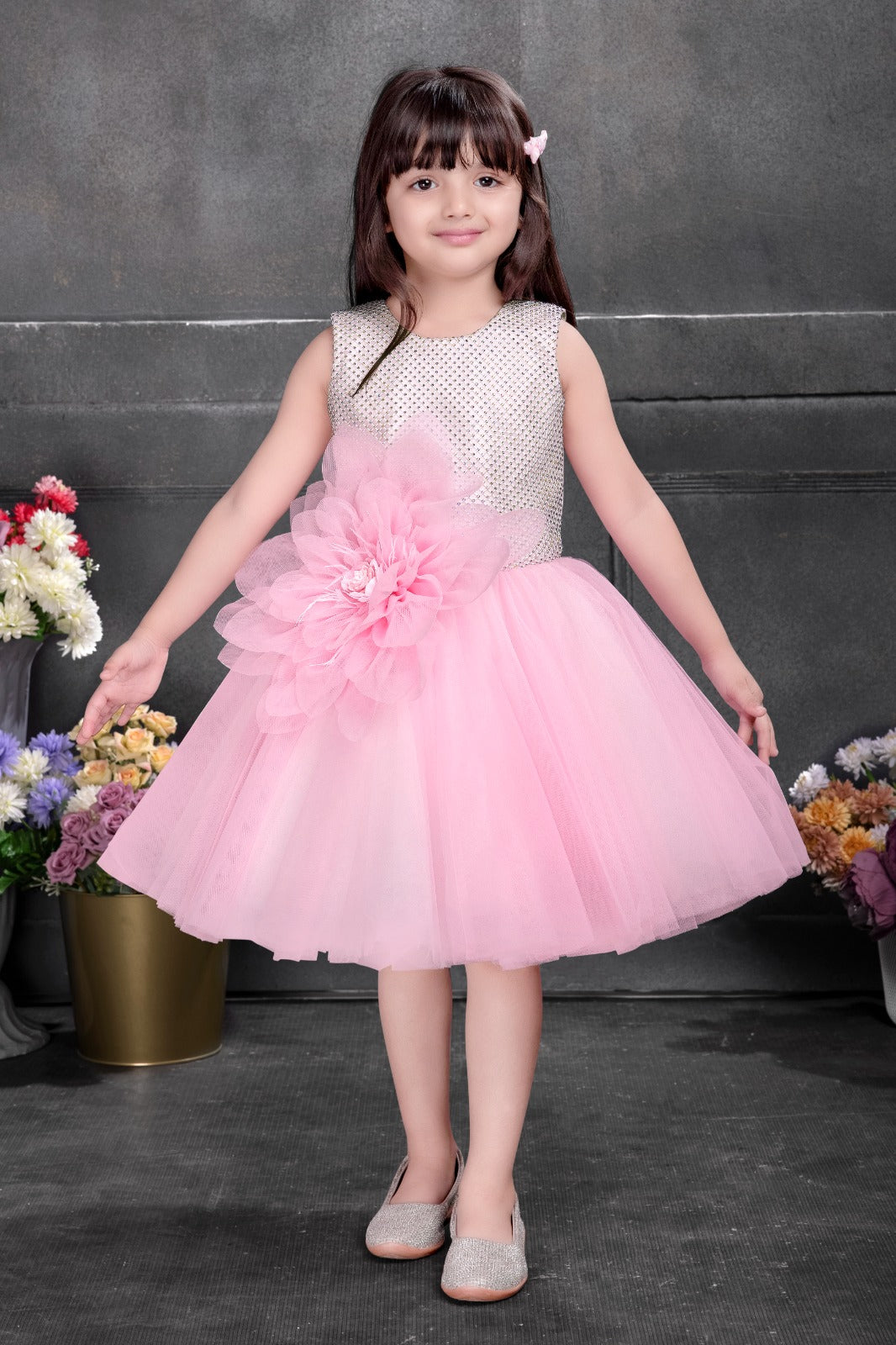 Pink Tulle Party Dress with Large Floral Accent for Girls - Inayah Fashion