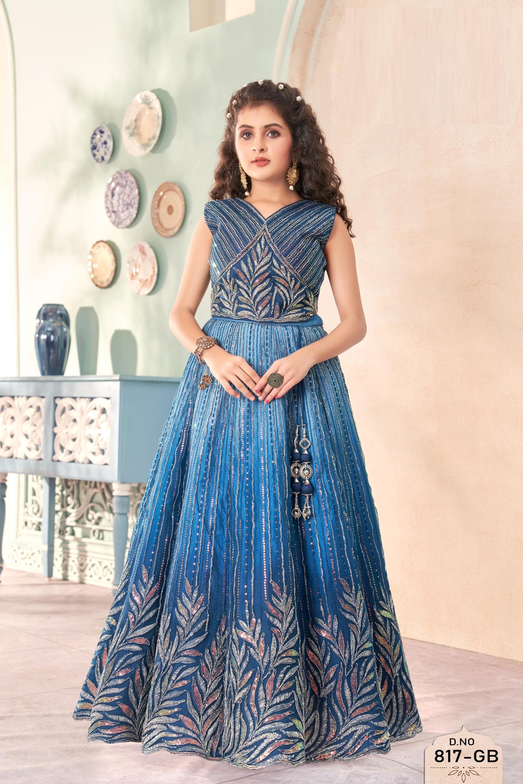 Blue Embroidered Gown with V-Neck Bodice for Girls - Inayah Fashion