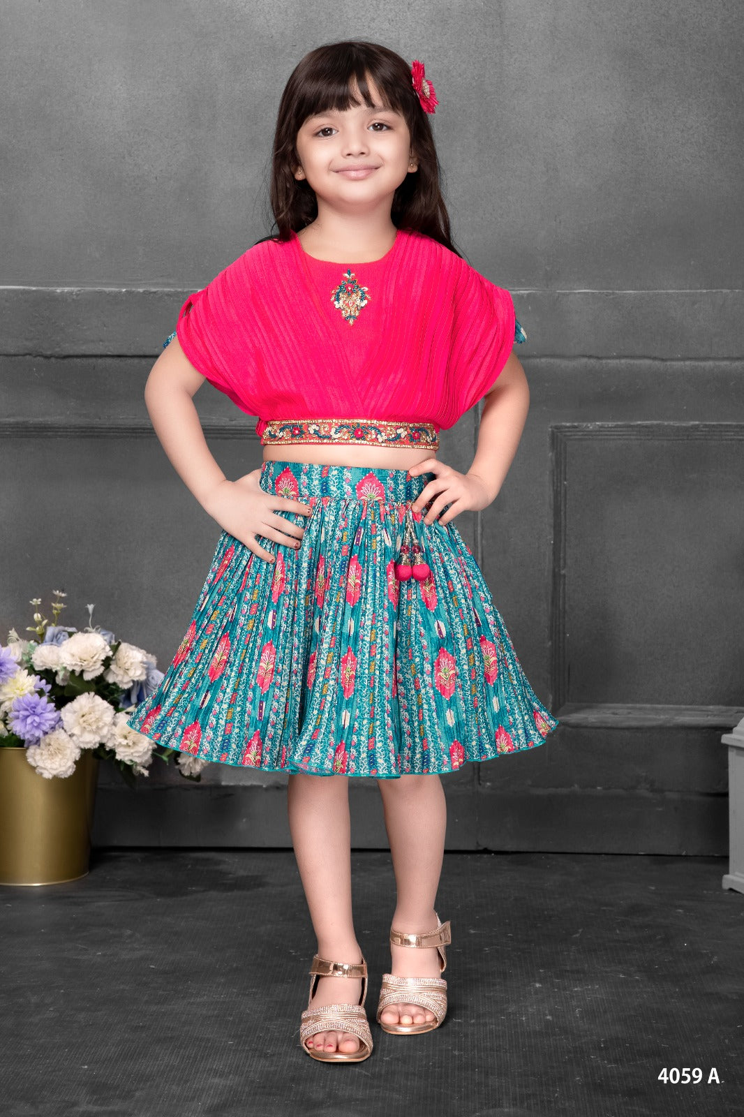 Vibrant Pink and Teal Printed Lehenga Set for Girls - Inayah Fashion