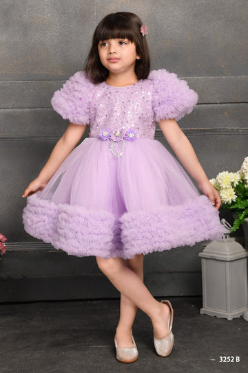 Lavender Puffy Sleeve Party Dress for Girls – Short Glitter Gown with Floral Waist & Ruffle Hem - Inayah Fashion