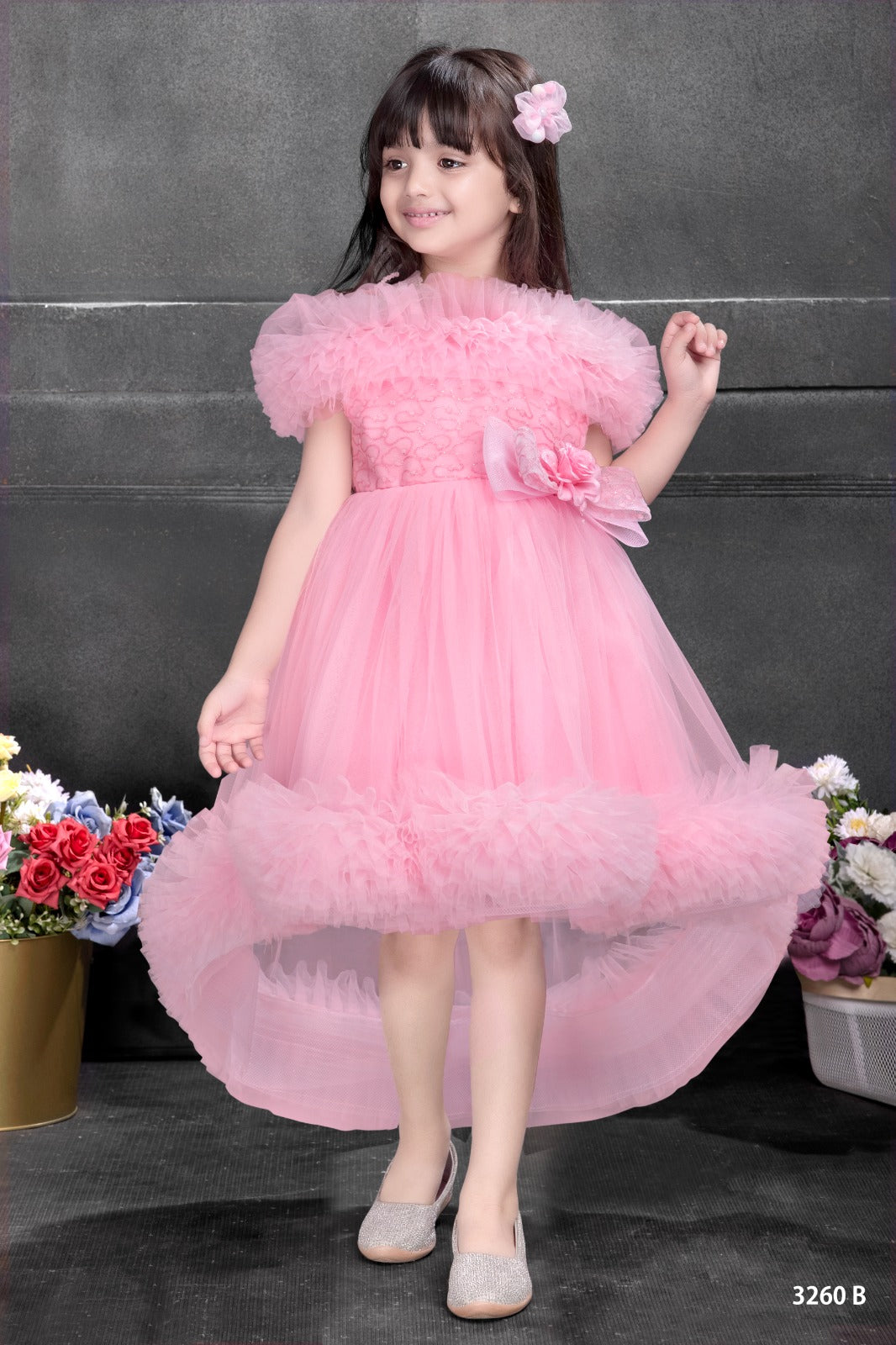 Blush Pink High-Low Ruffled Tulle Princess dress for Girls - Inayah Fashion
