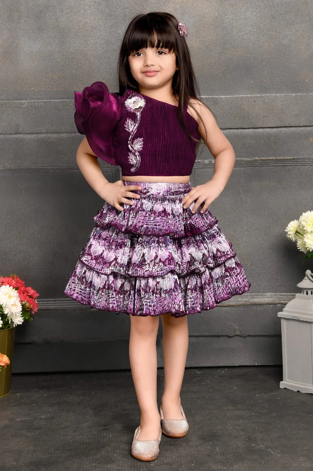 Plum Ruffled Lehenga Choli With Floral Embellished for Girls - Inayah Fashion