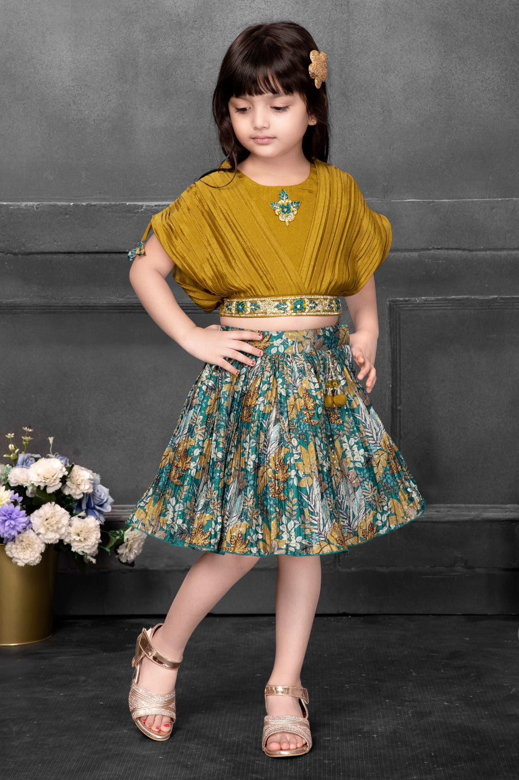 Mustard Yellow and Teal Floral Lehenga Choli Set for Girls - Inayah Fashion