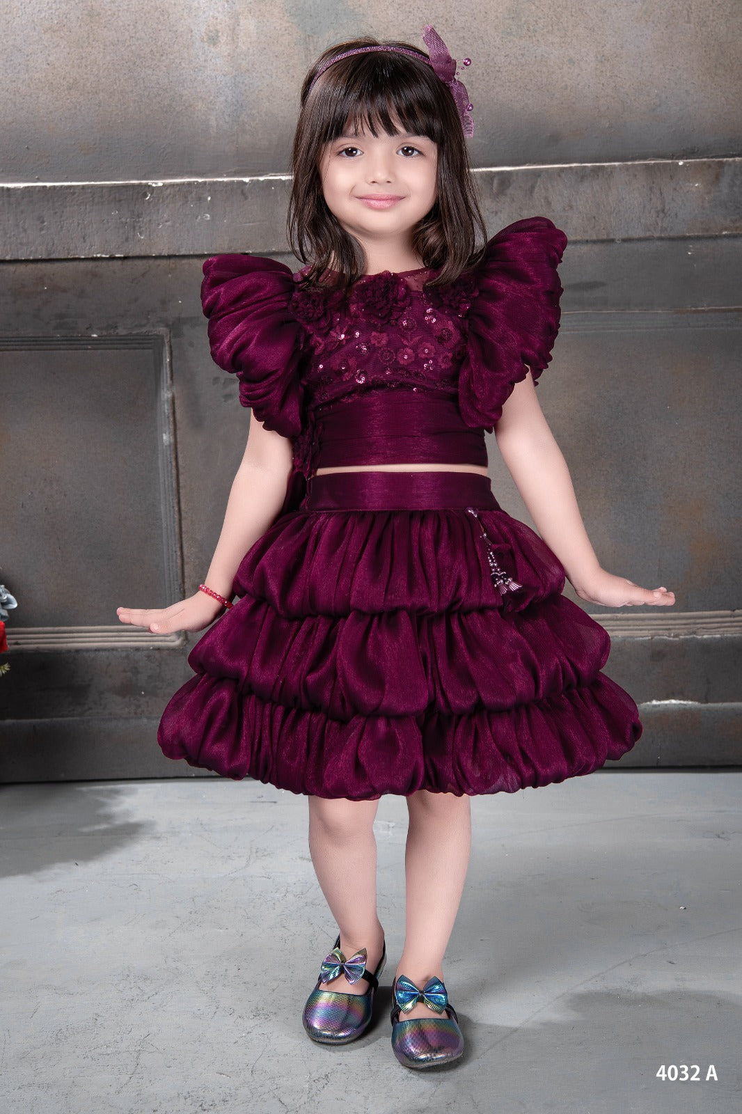Berry Red Ruffled Puff Sleeve Party Dress for Girls - Inayah Fashion