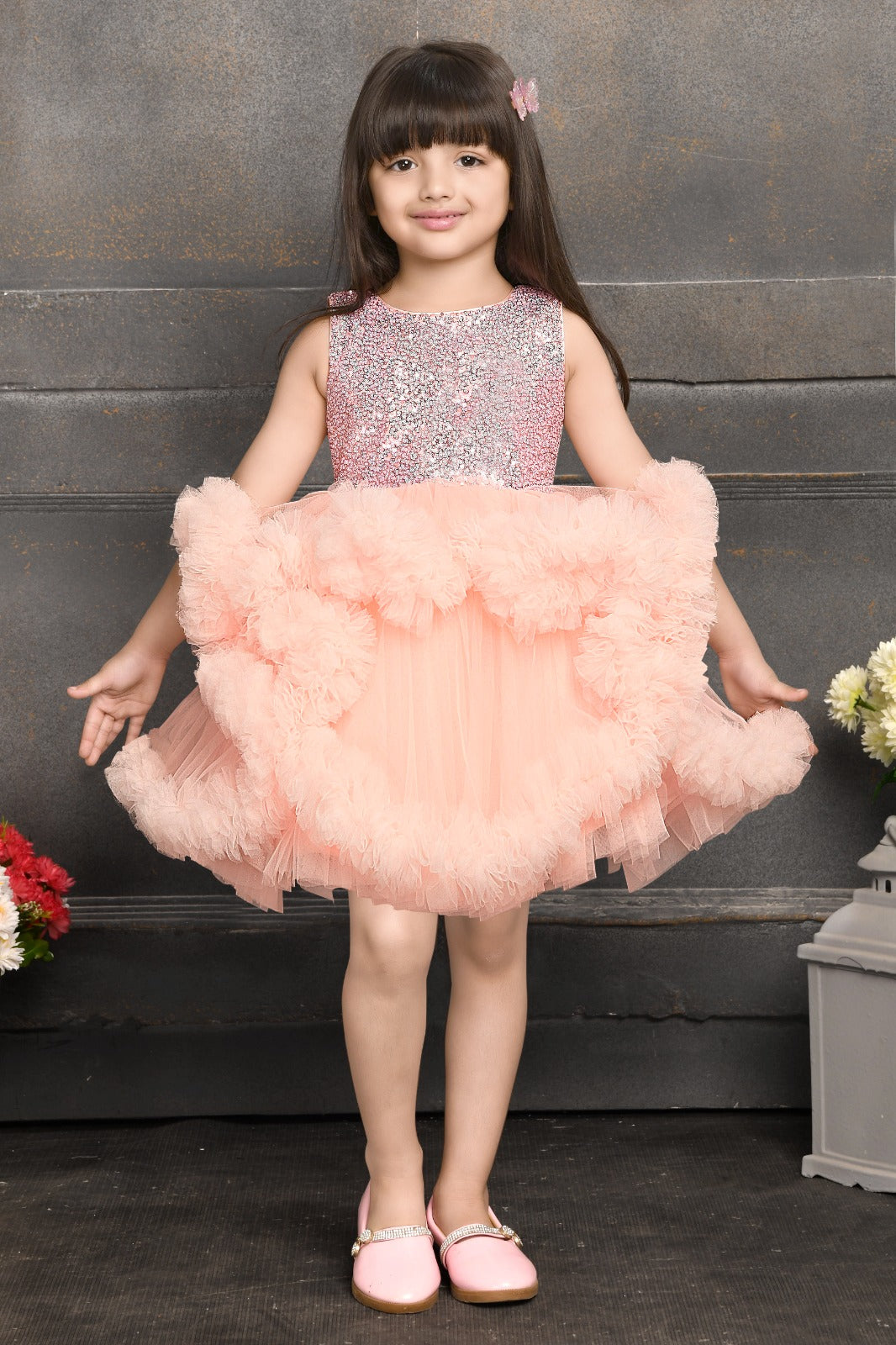 Peach Ruffled Tulle Glitter Party Dress for Girls - Inayah Fashion