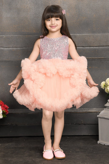 Peach Ruffled Tulle Glitter Party Dress for Girls - Inayah Fashion