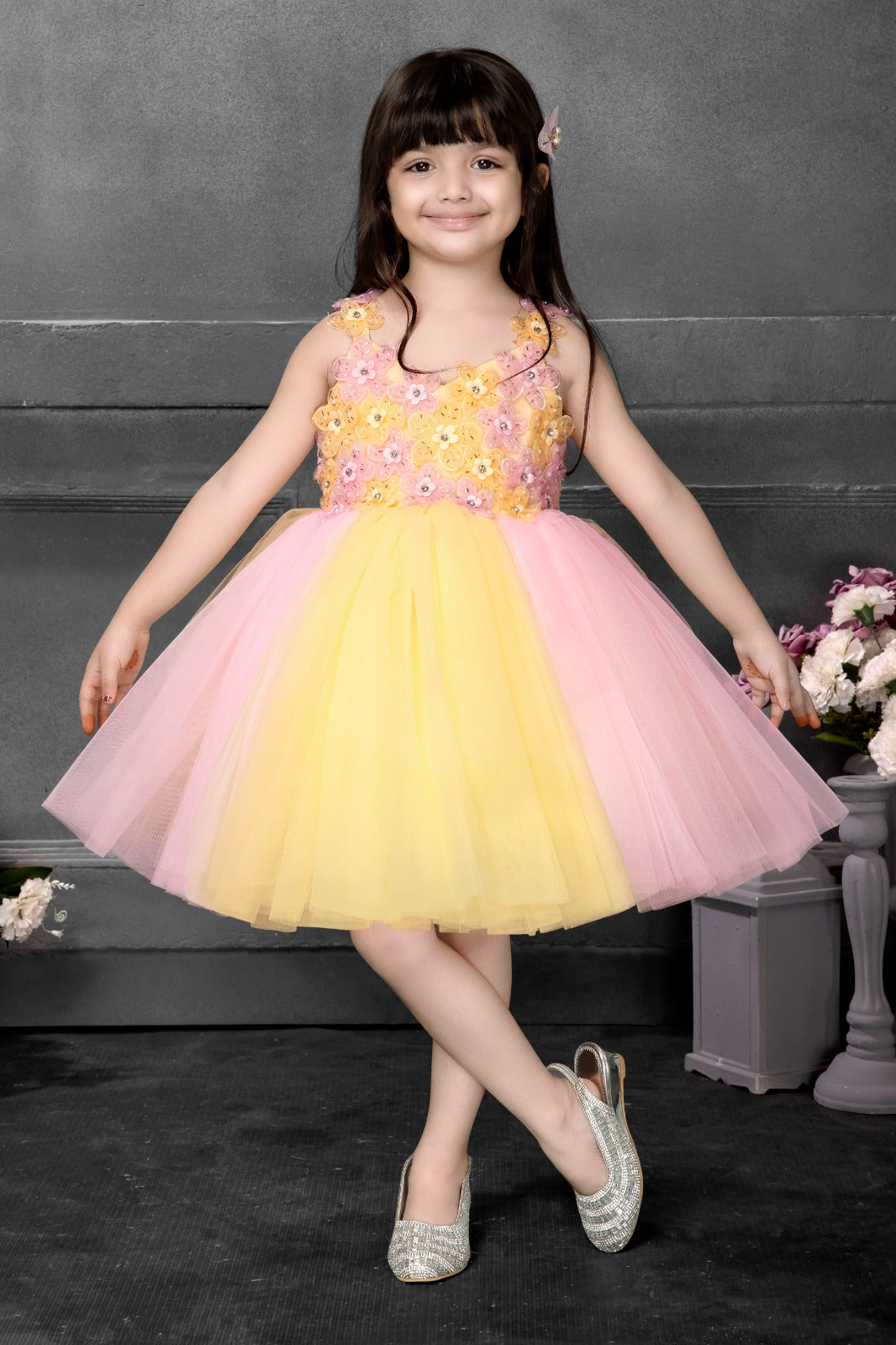 Yellow and Pink Floral Embellished Tulle Party Dress for Girls - Inayah Fashion
