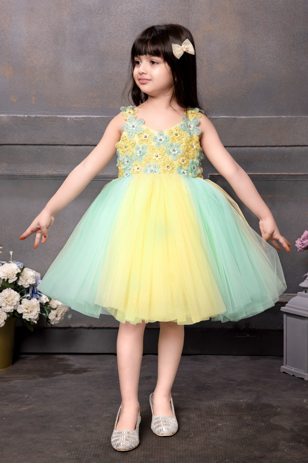 Yellow and Green Floral Embellished Tulle Party Dress for Girls - Inayah Fashion