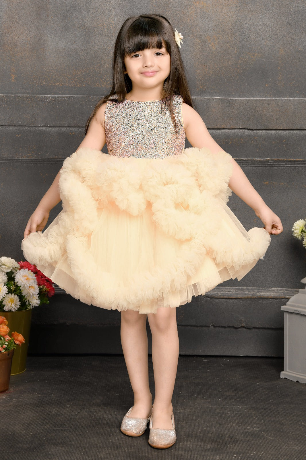 Champagne Ruffle Party Dress with Glitter Bodice for Girls - Inayah Fashion