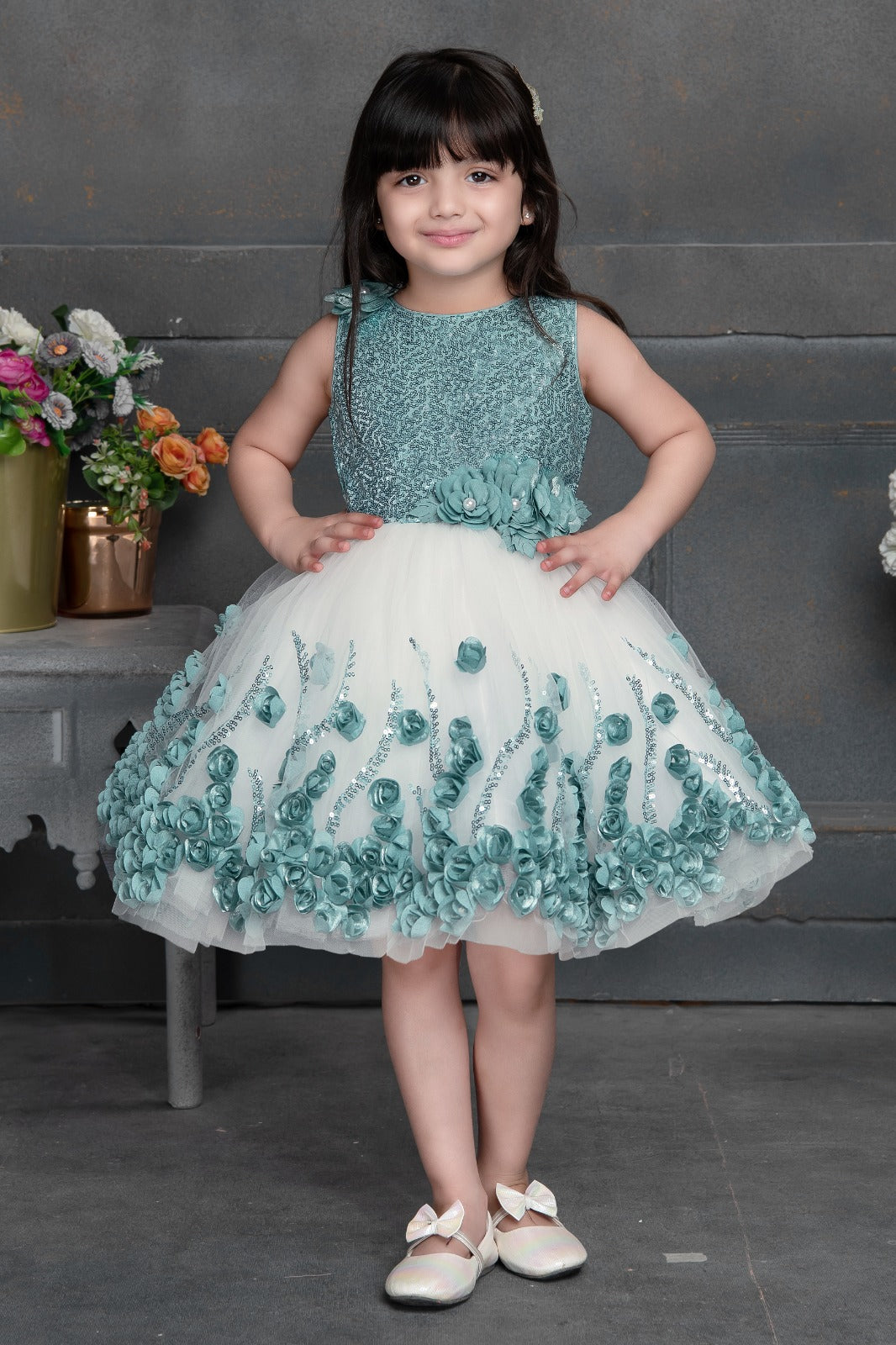 Turquoise Floral Embellished Tulle Party Dress for Girls - Inayah Fashion