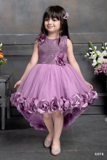 Lavender net high-low gown for girls with glittery bodice and rose hem