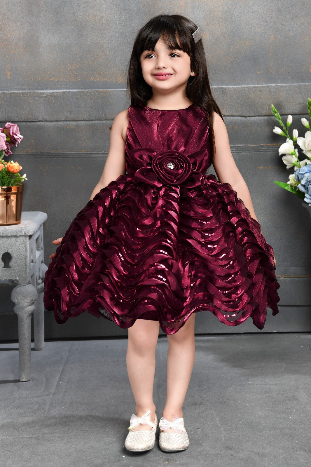 Red Rosette Patterned Ball Dress for Girls - Inayah Fashion