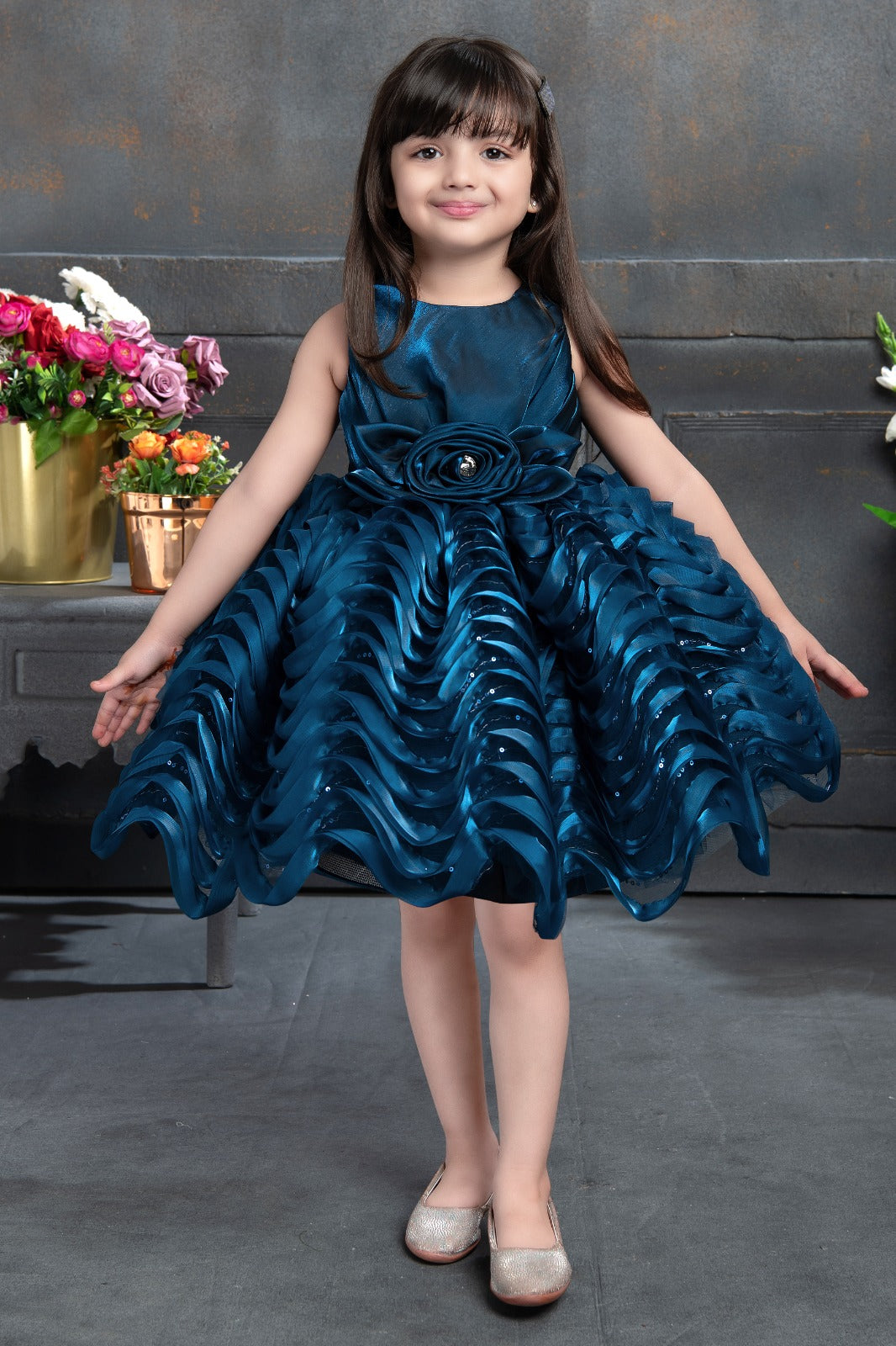 Royal Blue Rosette Patterned Ball Gown for Girls - Inayah Fashion