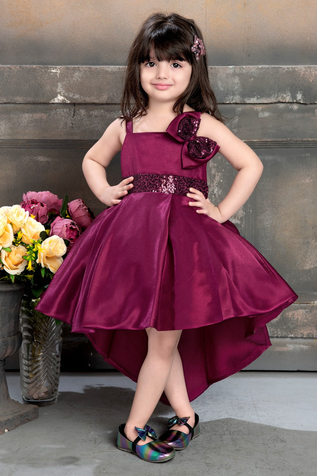 Burgundy Asymmetrical Floral Party Dress for Girls - Inayah Fashion