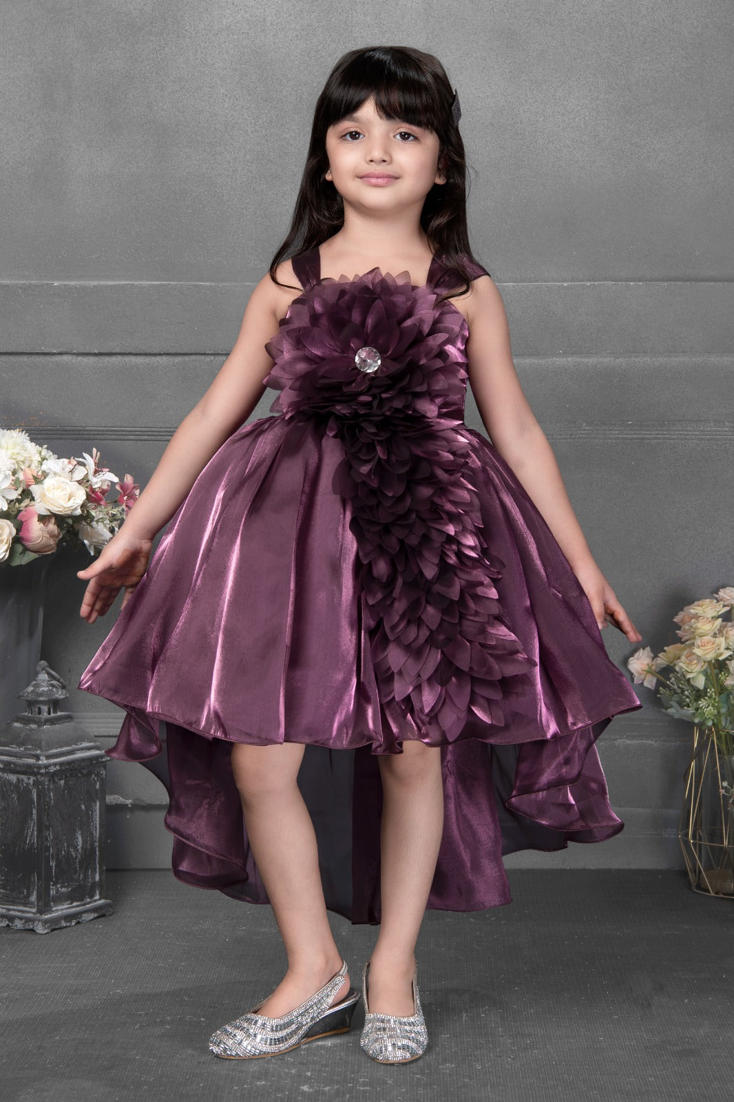 Enchanting Plum Purple Blossom High-Low Dress for Girls - Inayah Fashion