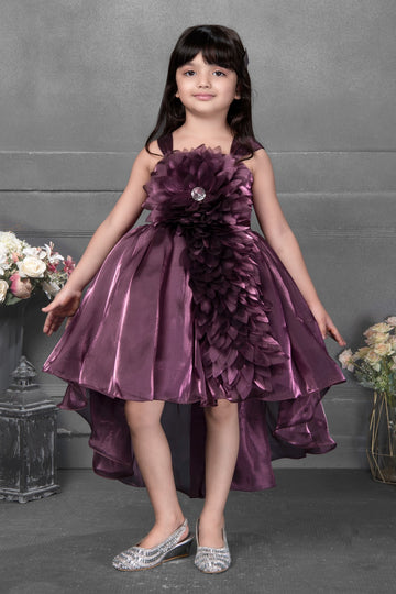 Enchanting Plum Purple Blossom High-Low Dress for Girls - Inayah Fashion