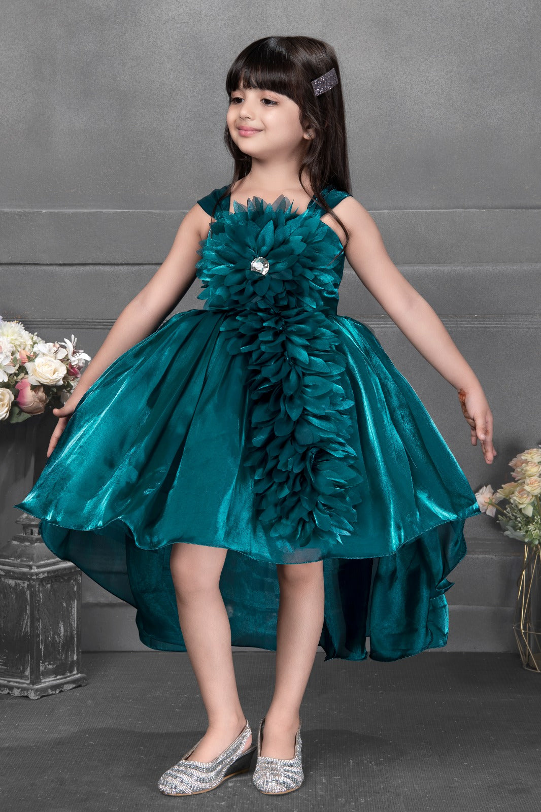 Enchanting Emerald Blossom Party Dress for Girls - Inayah Fashion