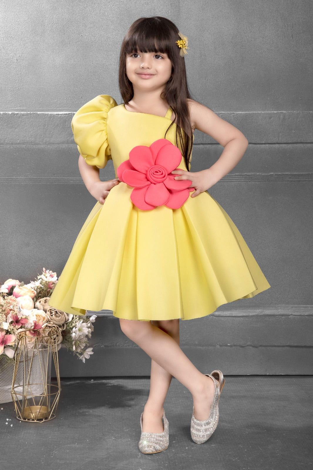 Girls Yellow One-Shoulder Party Dress – Stylish Puff Sleeve with Big Pink Flower - Inayah Fashion