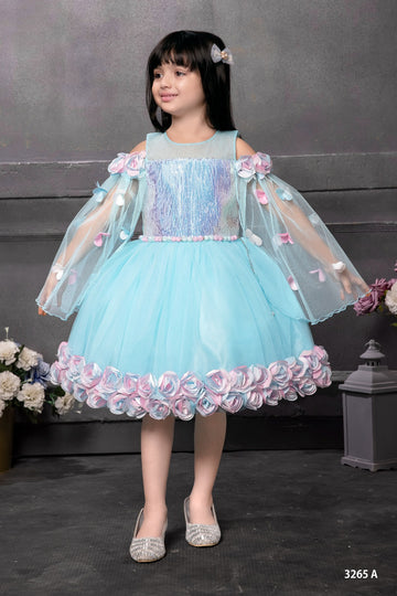 Aqua Dream Cold-Shoulder Tulle Dress with Floral AppliquÃ© - Inayah Fashion