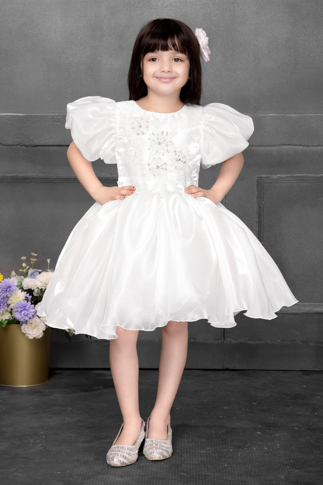 Elegant White Puff-Sleeve Party Dress for Girls - Inayah Fashion