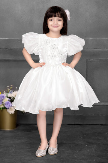 Elegant White Puff-Sleeve Party Dress for Girls - Inayah Fashion