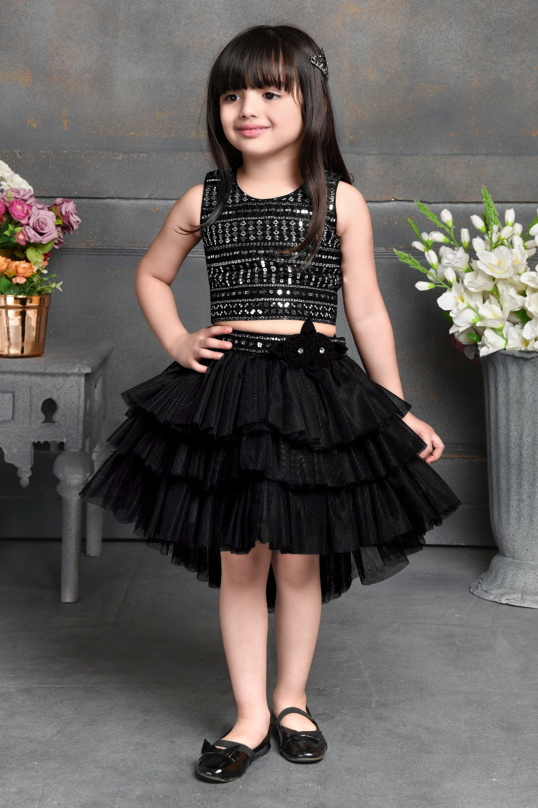 Chic Black Sequin Crop Top with Layered Tulle Skirt for Girls - Inayah Fashion