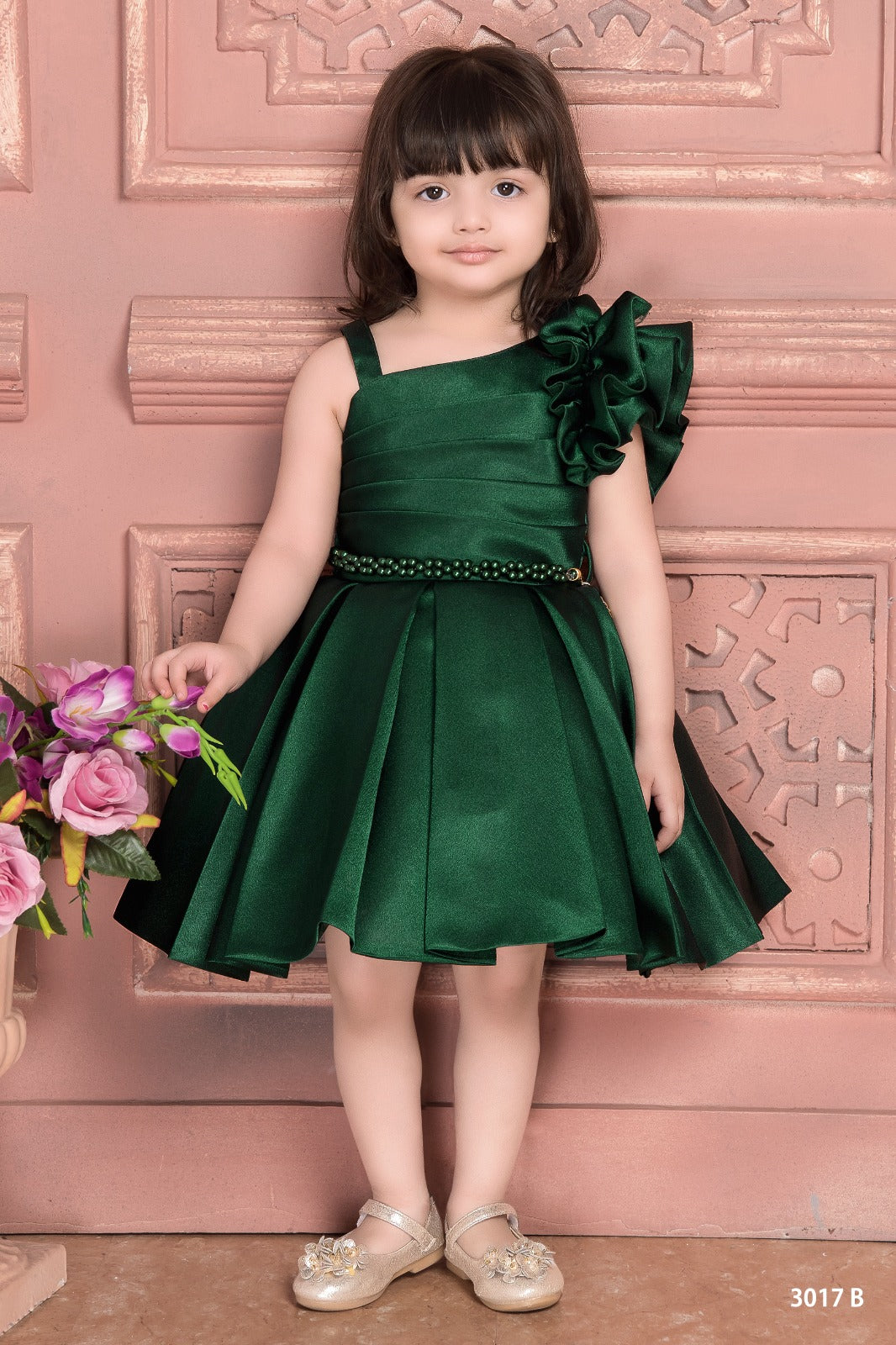 Emerald Green Satin One-Shoulder Party Dress for Girls - Inayah Fashion