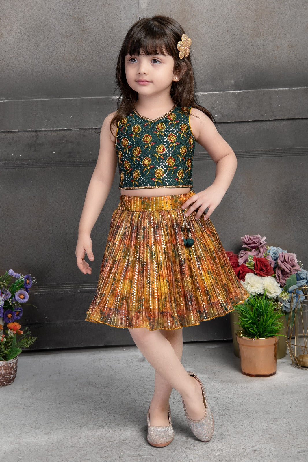 Festive Fusion – Mirror Work Crop Top & Lehenga Skirt Set for Girls - Inayah Fashion