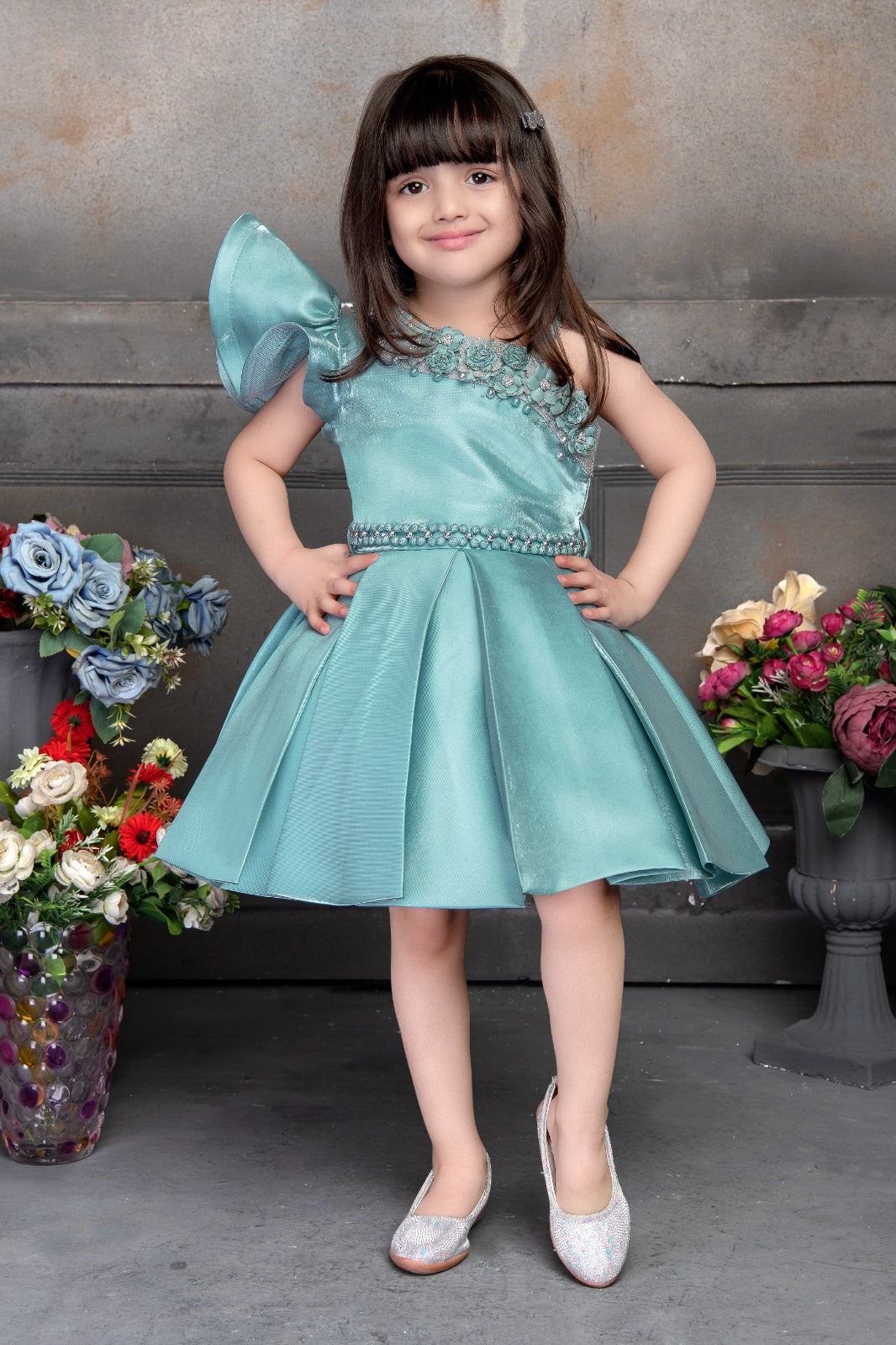 Aqua One-Shoulder Party Dress for Girls | Floral Pleated Birthday Gown