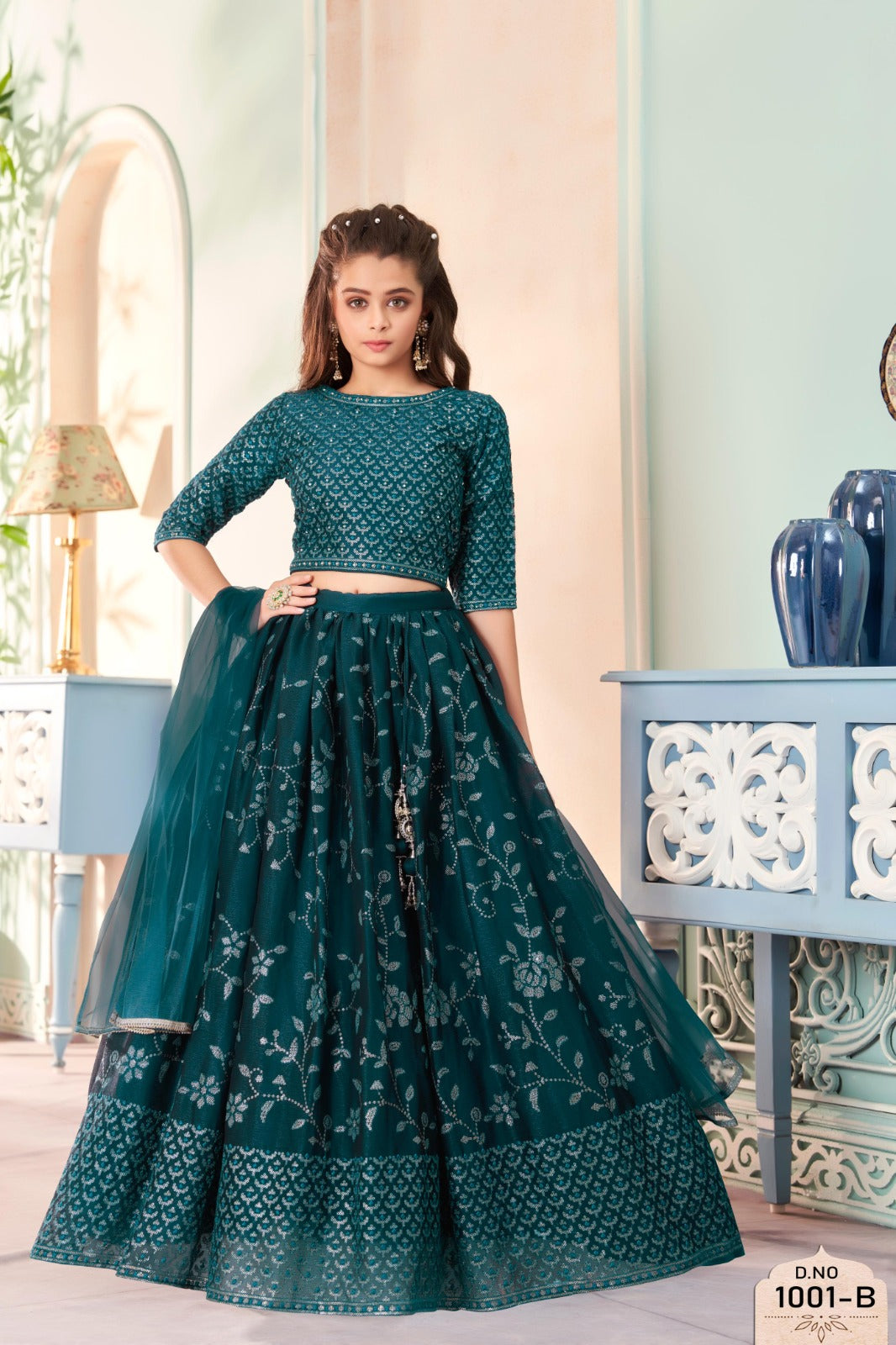 Teal Embroidered Lehenga Set with Detailed Crop Top and Net Dupatta - Inayah Fashion