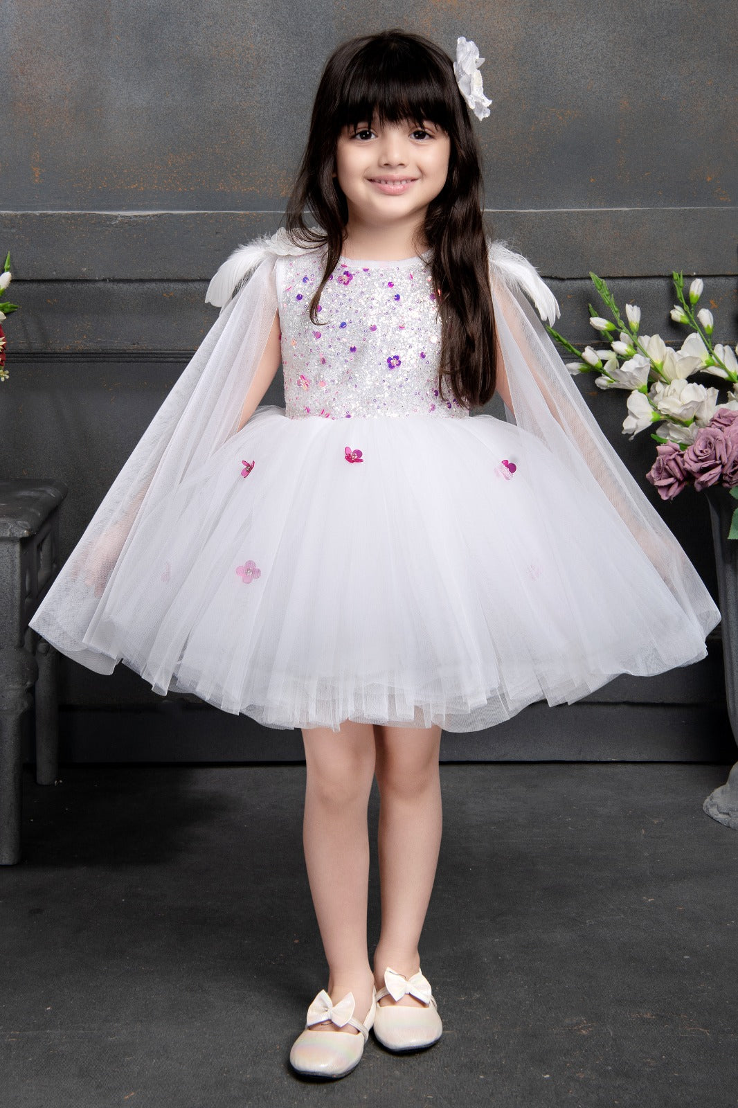 Angel Wings White Tulle Dress with Floral Embellishments - Inayah Fashion